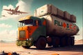 truck with cargo on a background of planes. 3d rendering Royalty Free Stock Photo