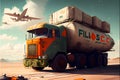 truck with cargo on a background of planes. 3d rendering