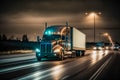 Truck with a cargo container driving on a busy highway on a cloudy night, Generative AI