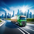 Truck with cargo driving on the road with cityscape motion blur