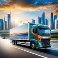 Truck with cargo driving on the road with cityscape motion blur