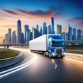 Truck with cargo driving on the road with cityscape motion blur