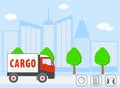 Truck with cargo on the road on background silhouette of the big city. Logistics services. Modern illustration concepts of