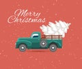 Truck carries Christmas tree and snow on vintage background vector illustration.