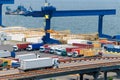 Truck carries container to warehouse sea Royalty Free Stock Photo