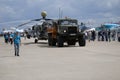 A truck carries helicopter at MAKS International Aerospace Salon MAKS-2017