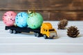 The truck carries magic toys for the children`s New Year party