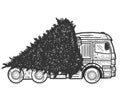 A truck carries a tree for the New Year. Sketch scratch board imitation.