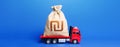 Truck is carrying a big israeli shekel money bag. Anti-crisis measures of government. Attracting large funds to the economy Royalty Free Stock Photo