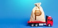 Truck is carrying a big philippine peso money bag. Investment. Anti-crisis measures of government. Attracting large funds to the Royalty Free Stock Photo