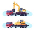 Truck carrying construction equipment. Lorry for excavator and bulldozer shipping. Transport logistics. Industrial Royalty Free Stock Photo