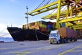 Truck carrying forty-foot container leaving port terminal with ship and quay crane on the background.