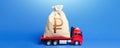 Truck is carrying a huge russian ruble money bag. Anti-crisis measures of government. Great investment. Attracting large funds