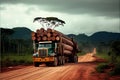 Truck carrying timber on the road in rural areas of Brazil.