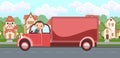 Truck. Cartoon childrens illustration. Children on vacation. Town landscape with suburban road. Automotive tourism