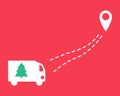 Truck with Christmas trees. A car with a dotted line and geolocation. Flat design