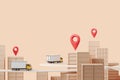 Truck and city buildings with location pin, courier. Copy space