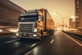 Truck city street, highway in night time. Motion blur, light trails. Transportation, logistic. Ai generative Royalty Free Stock Photo