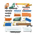 Truck constructor vector delivery vehicle or cargo transportation and trucking construction illustration set of concrete