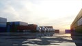 Truck in container depot, wharehouse, seaport. Cargo containers. Logistic and business concept. Realistic 4k animation.