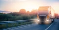 Truck with container on highway with sun light. Concept cargo transportation banner. Blur move effect