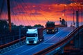 Truck with container rides over the bridge, beautiful sunset, freight cars in industrial seaport, the road goes up