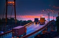 Truck with container rides on the road, railroad transportation, freight cars in industrial seaport at sunset Royalty Free Stock Photo