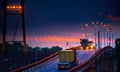 Truck with container rides on the road, railroad transportation, freight cars in industrial seaport at sunset Royalty Free Stock Photo