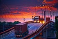 Truck with container rides on the road, railroad transportation, freight cars in industrial seaport at sunset Royalty Free Stock Photo