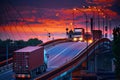 Truck with container rides on the road, railroad transportation, freight cars in industrial seaport at sunset