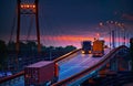 Truck with container rides on the road, railroad transportation, freight cars in industrial seaport at sunset Royalty Free Stock Photo