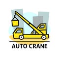 A square vector image of an auto crane on a building. Outline doodle illustration. A cute cartoon design