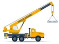 Truck crane lifting a load. Concrete slab hangs on a hook. Isolated color vector illustration for construction or renovation Royalty Free Stock Photo