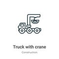 Truck with crane outline vector icon. Thin line black truck with crane icon, flat vector simple element illustration from editable Royalty Free Stock Photo