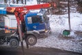 Truck crane on a support.