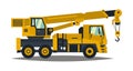Truck crane. Yellow, isolated on white background. Construction machinery. Vector illustration. Flat style. Royalty Free Stock Photo