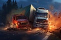 Truck crash on the road at night. Collage. 3d rendering, Illustrate a car crash accident involving a TIR truck on the road, AI