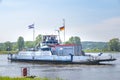 Truck crossing the river Elbe on a ferry at Neu Darchau, Germany