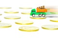 Truck deliver and gold coins isolated on white background,investment or speedy cash concept Royalty Free Stock Photo