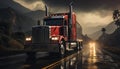 Truck delivering freight, speeding on highway, carrying cargo, ensuring safety generated by AI Royalty Free Stock Photo
