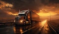 Truck delivering freight, speeding on multiple lane highway at dusk generated by AI Royalty Free Stock Photo