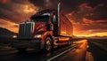 Truck delivering freight, speeding on multiple lane highway at sunset generated by AI