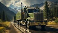 Truck delivering freight, speeding on multiple lane highway, working industry generated by AI