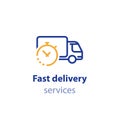 Truck delivery duration, fast relocation services, transportation company logo element, shipping order day, distribution line icon