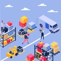 Truck delivery isometric by transport cargo, vector illustration. Box transportation and logistic service, storage Royalty Free Stock Photo