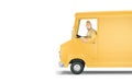 Truck delivery service and transportation. 3d illustration. Cartoon yellow car with driver character.