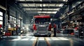 Truck is depicted in a repair shop undergoing maintenance AI Generated