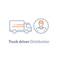 Courier man, transportation vehicle, ruck driver, delivery person, distribution service, logistics company, vector icon