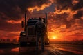 Truck Driver's Serene Sunset Stand: A Scenic Journey. Generative By Ai Royalty Free Stock Photo