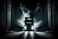 truck driver, speeding down forest road, with car headlights through the darkness Royalty Free Stock Photo